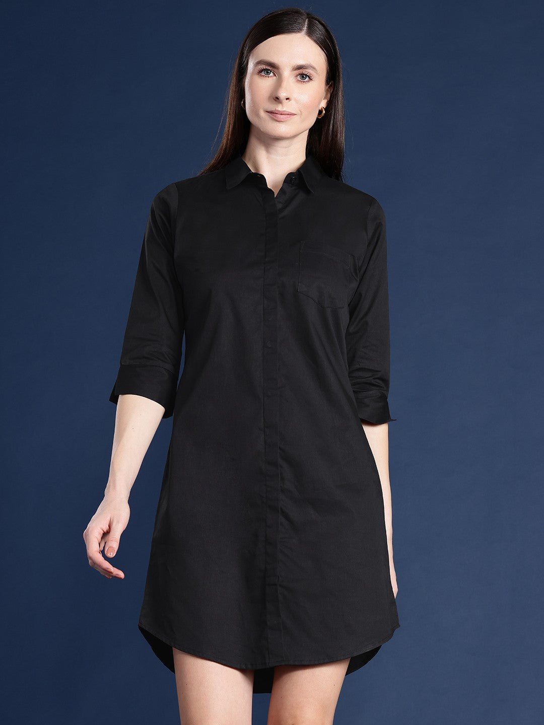 Womens Clothing Button Jersey Dress Women Black Solid Pure Cotton