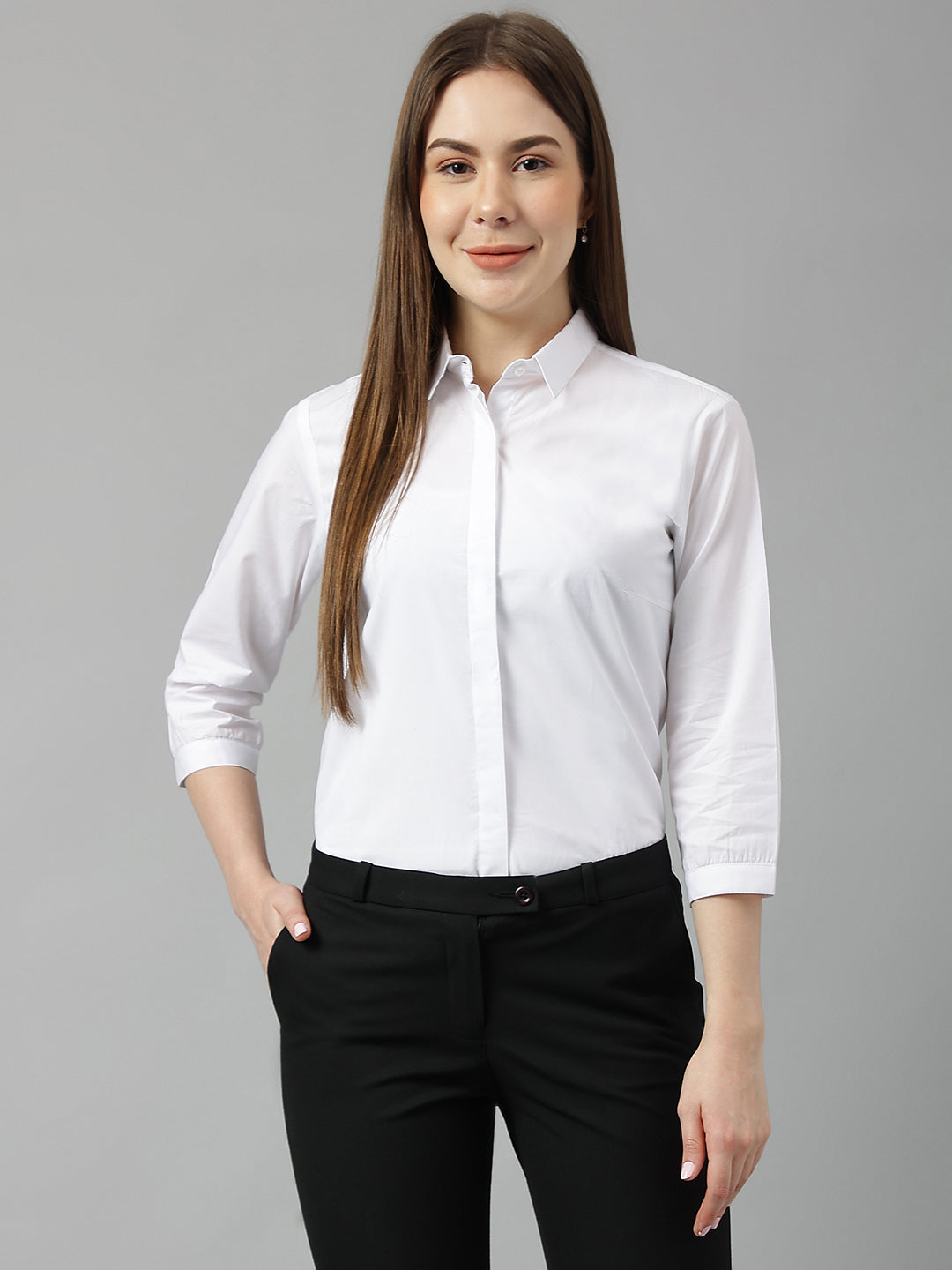 Women White Solid Pure Cotton Slim Fit Formal Shirt