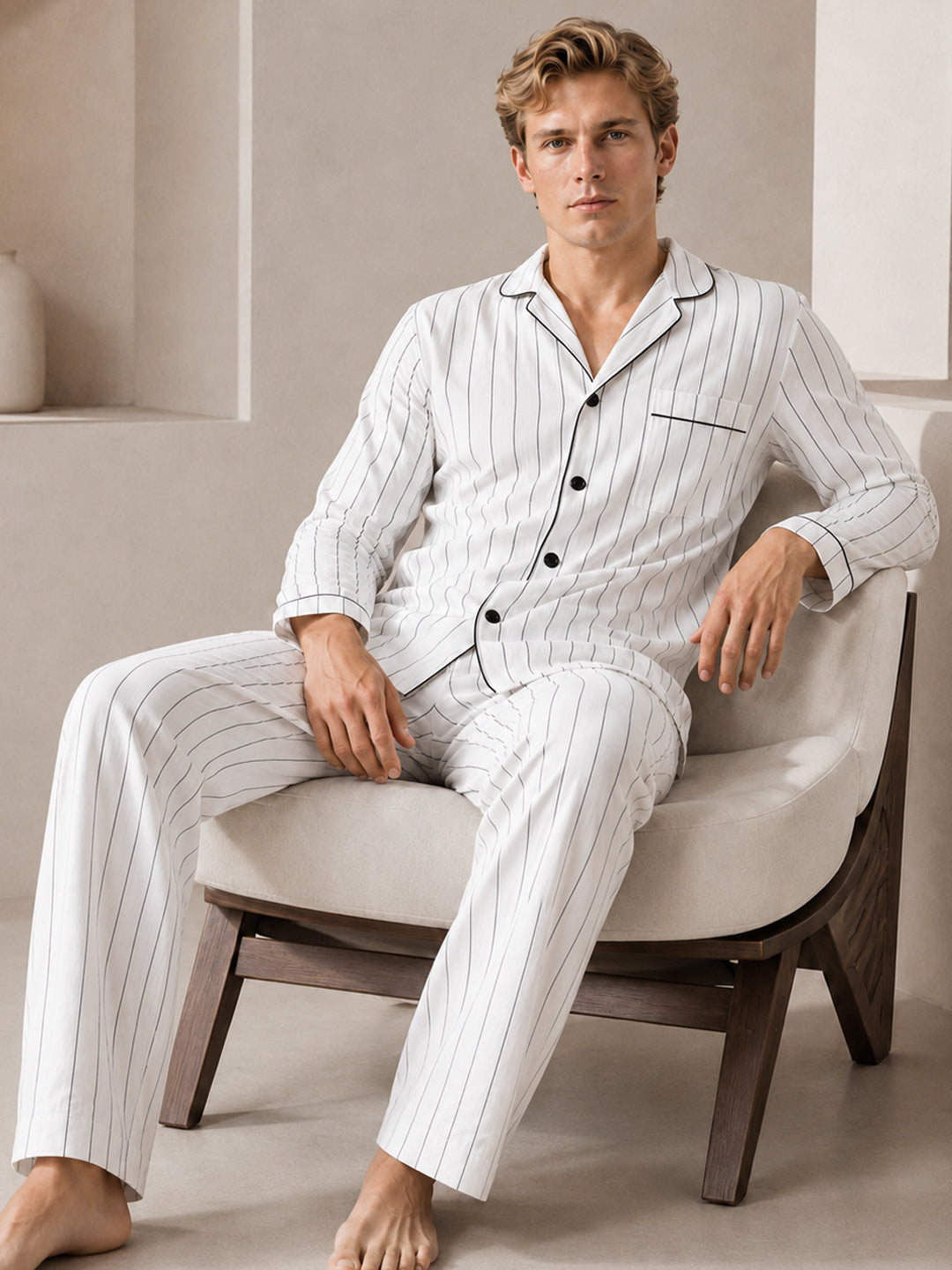 Hancock Men White Stripes Pure Cotton Regular Fit Night Wear Night Suit