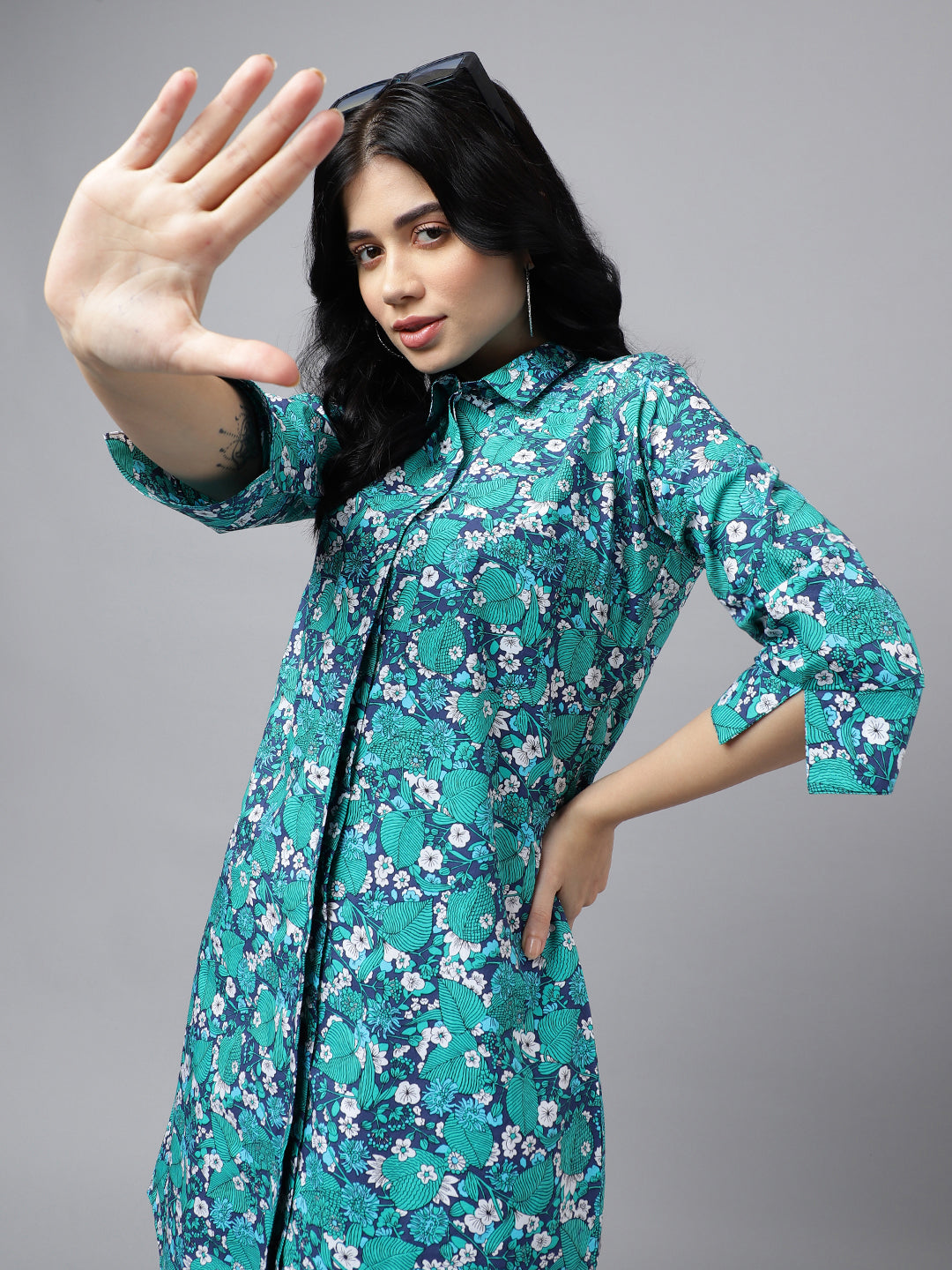 Women Green Navy Blue Floral Print Pure Cotton Knee Length Formal Dr