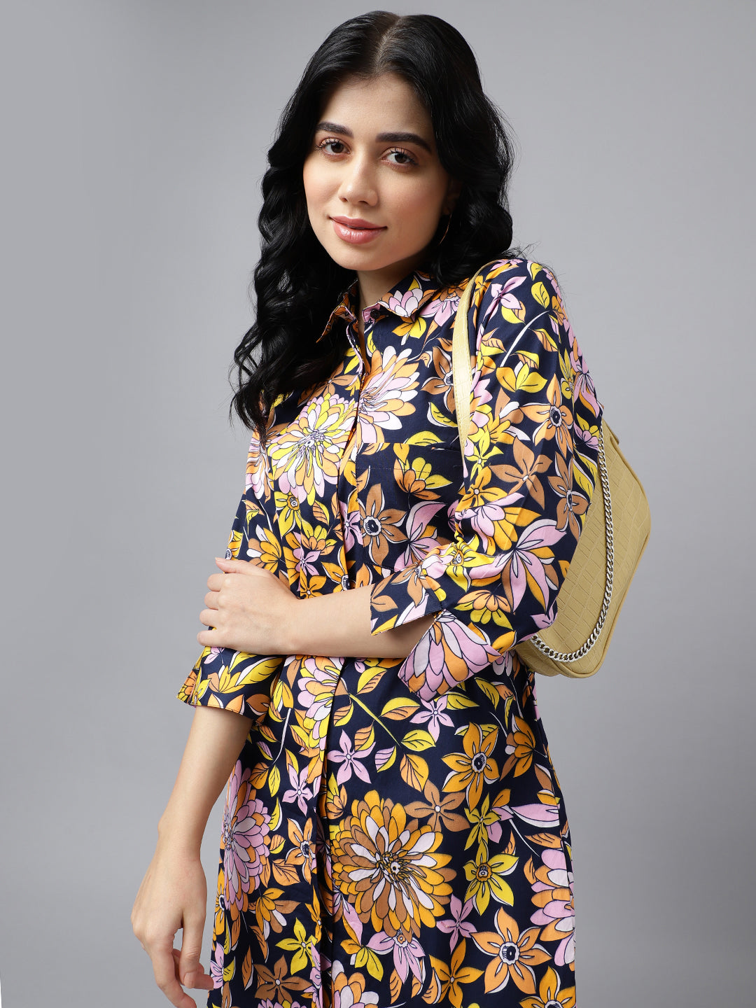 Women Navy Blue Multi Color Floral Print Pure Cotton Knee Length Formal Dress