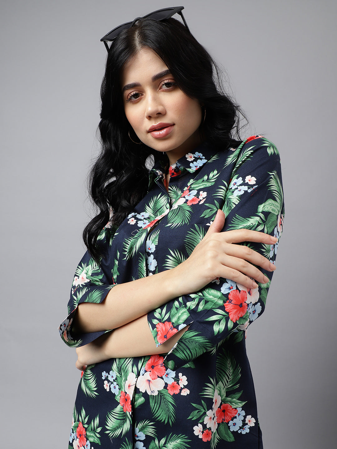 Hancock Women Navy Blue & Green Floral Print Pure Cotton Knee Length Formal Dress Hancock Women Navy Blue & Green Floral Print Pure Cotton Knee Length Formal Dress