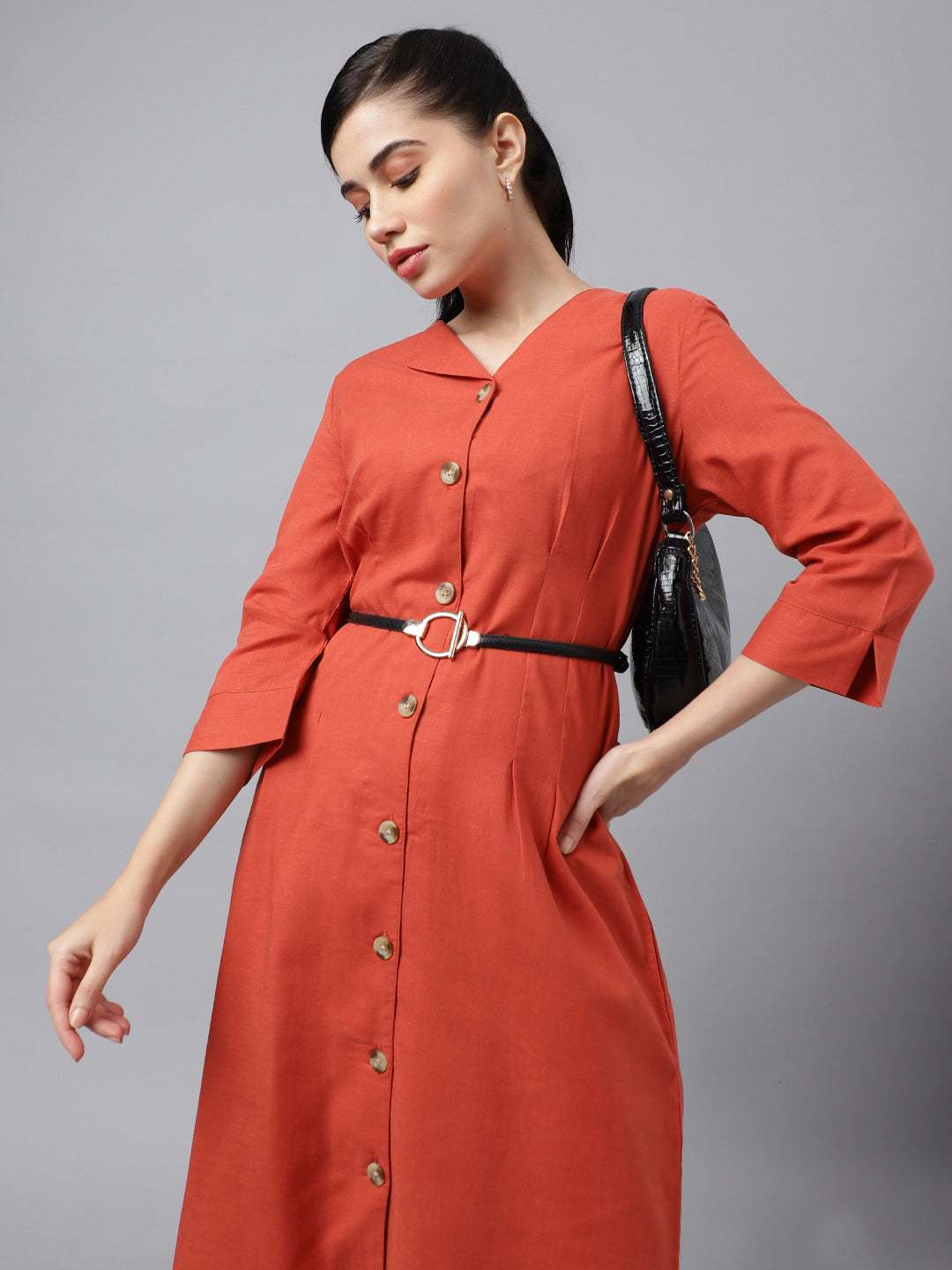 Hancock Women Rust V Neck Pleated Solid Lyocell Linen Look A Line Midi Formal Dress Hancock Women Rust V Neck Pleated Solid Lyocell Linen Look A Line Midi Formal Dress