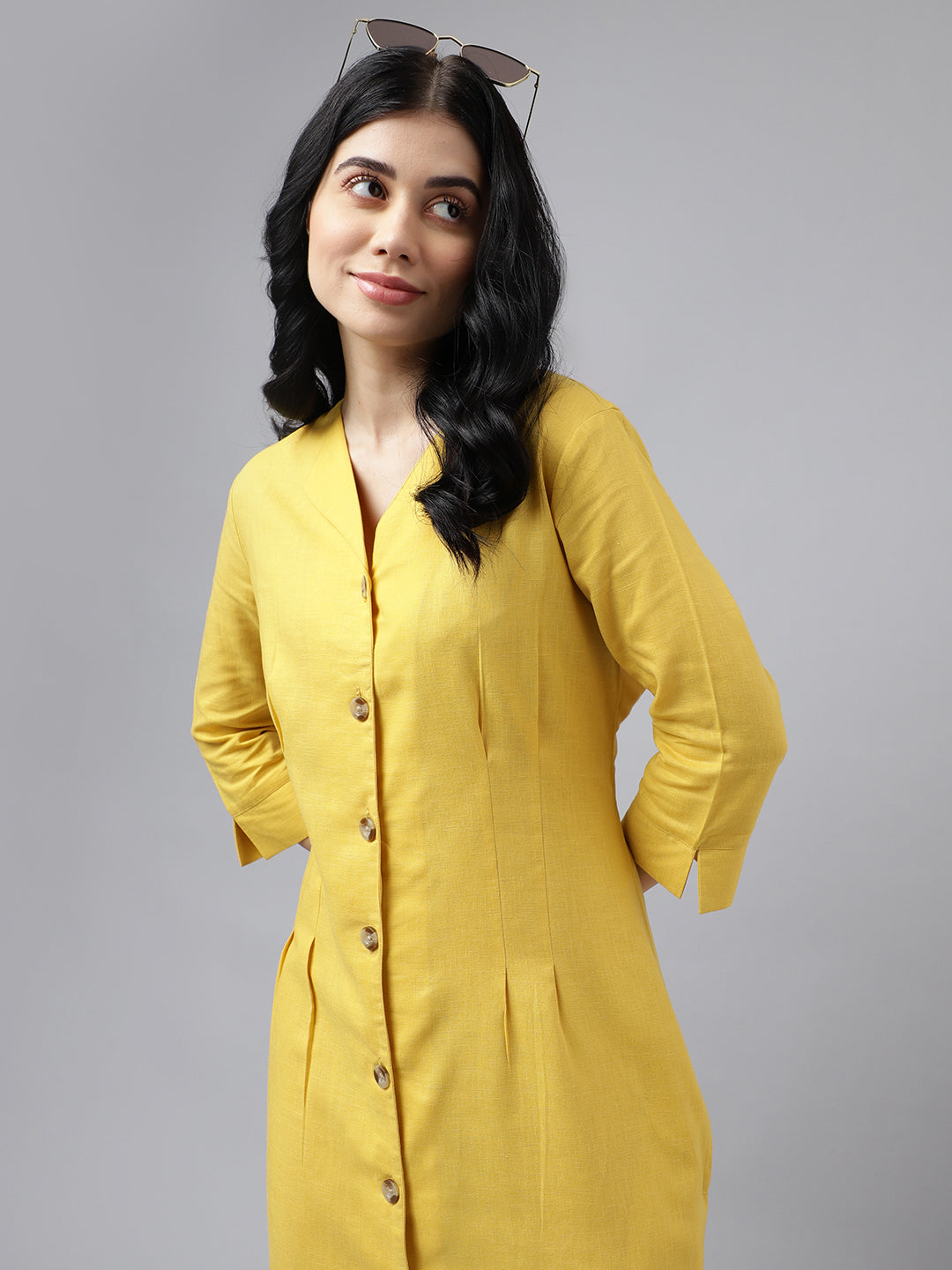 Women Yellow V Neck Pleated Solid Lyocell Linen Look A Line Midi Formal  Dress