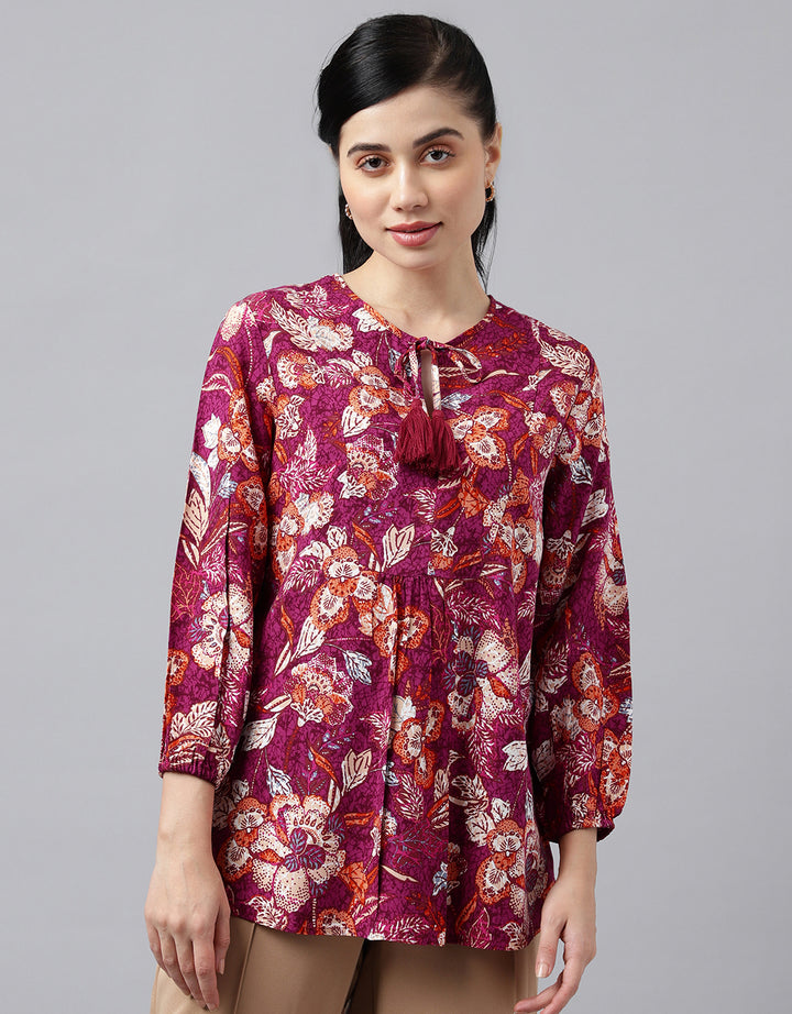 Women Burgundy Prints Viscose Rayon Regular Fit Formal Top