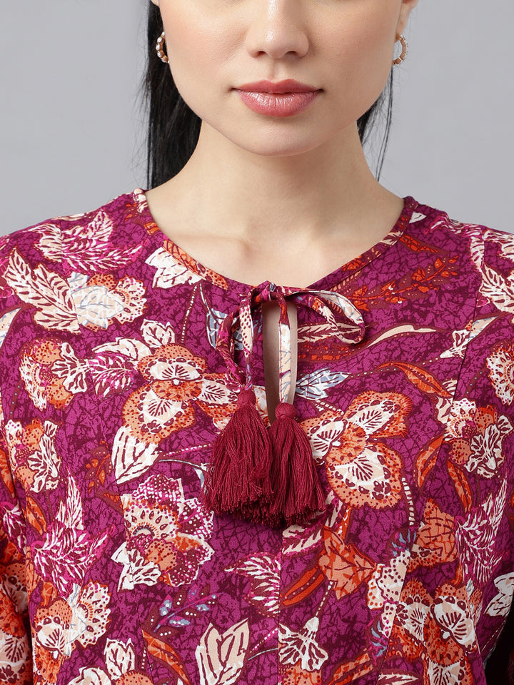 Women Burgundy Prints Viscose Rayon Regular Fit Formal Top