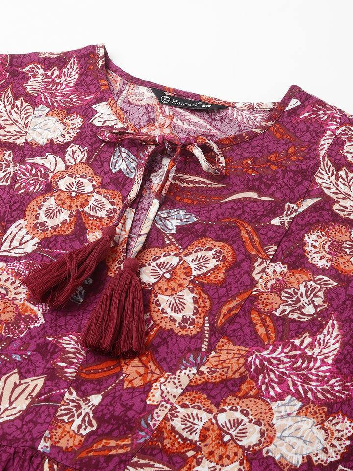 Women Burgundy Prints Viscose Rayon Regular Fit Formal Top