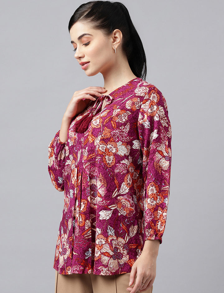 Women Burgundy Prints Viscose Rayon Regular Fit Formal Top