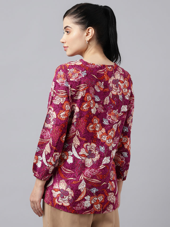 Women Burgundy Prints Viscose Rayon Regular Fit Formal Top