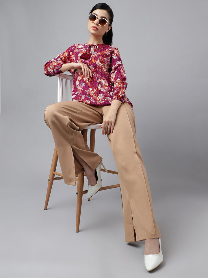 Women Burgundy Prints Viscose Rayon Regular Fit Formal Top