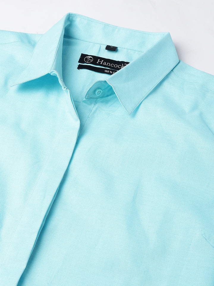 Women Sky Blue Solid Linen Cotton Regular Fit Formal Shirt