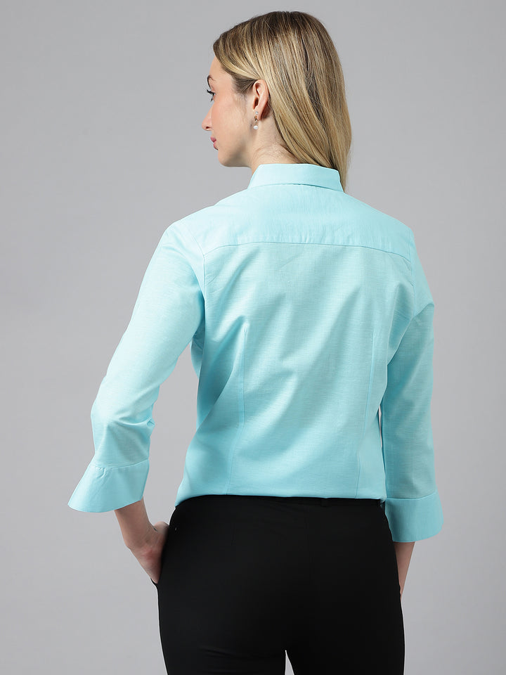 Women Sky Blue Solid Linen Cotton Regular Fit Formal Shirt