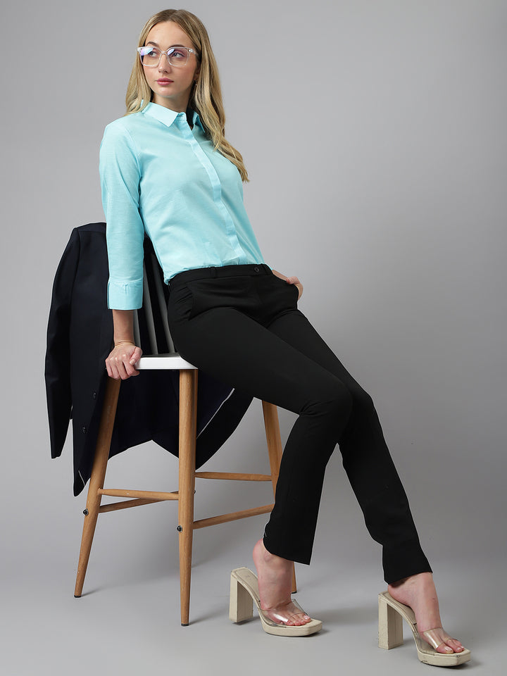 Women Sky Blue Solid Linen Cotton Regular Fit Formal Shirt