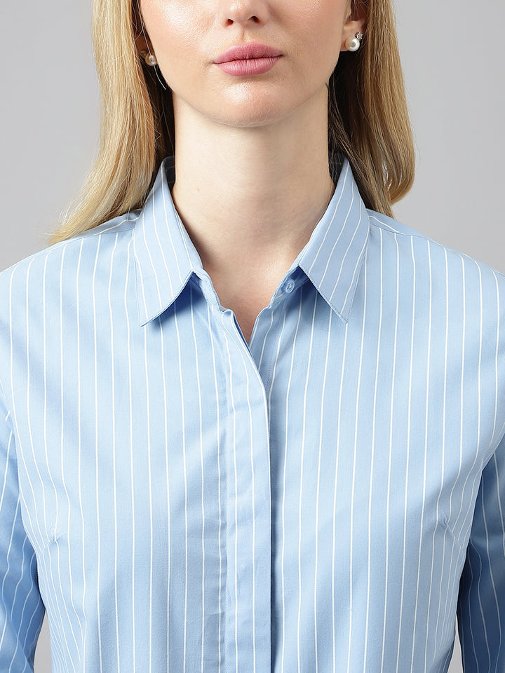 Women Blue Stripes Pure Cotton Regular Fit Formal Shirt