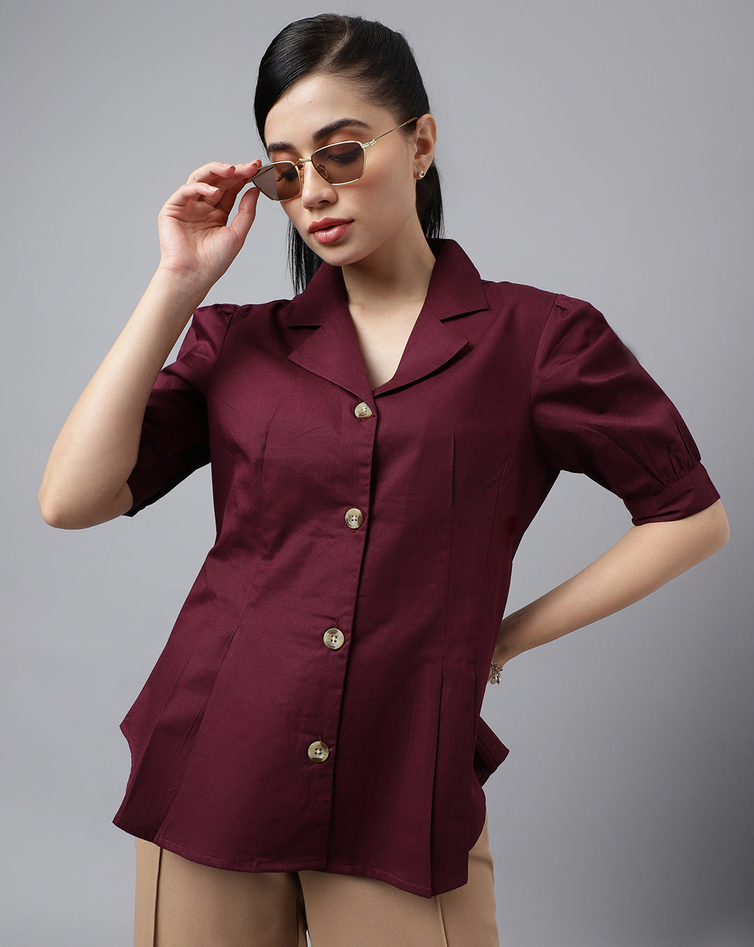 Hancock Women Burgundy Solid Pure Pleated Regular Fit Formal Shirt Hancock Women Burgundy Solid Pure Pleated Regular Fit Formal Shirt