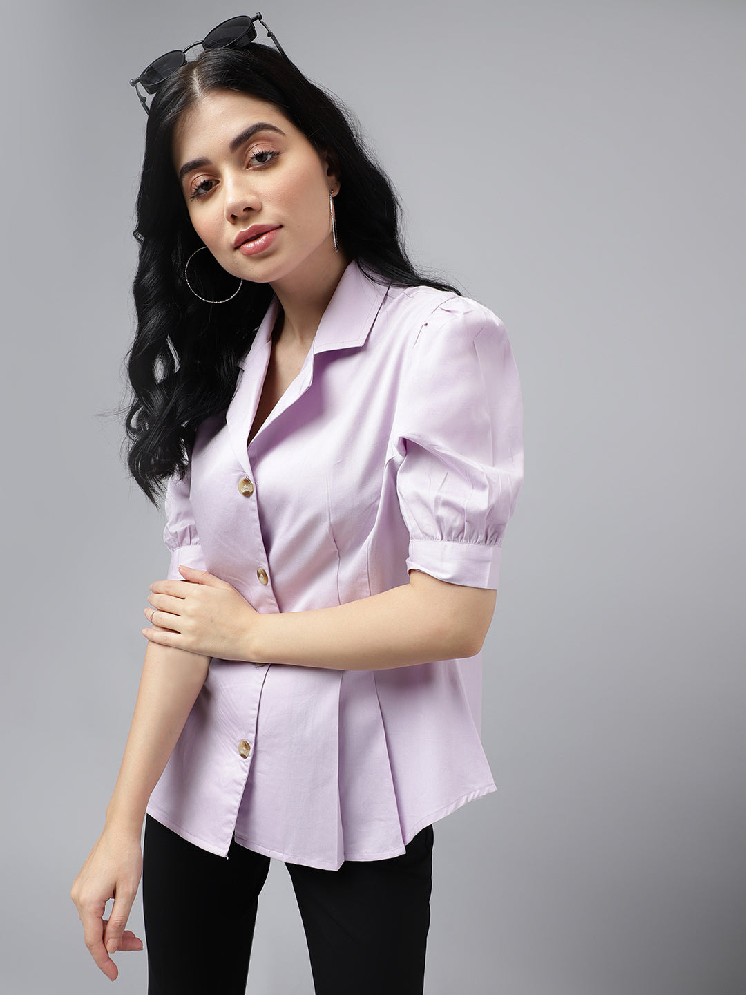 purple dress shirt womens Hancock Women Lavender Solid Pleated Pure Cotton Regular Fit Formal Shirt