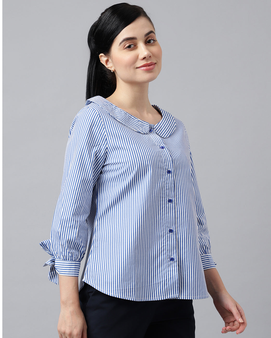 Women Blue White Pin Stripe Pure Cotton Regular Fit Formal Shirt