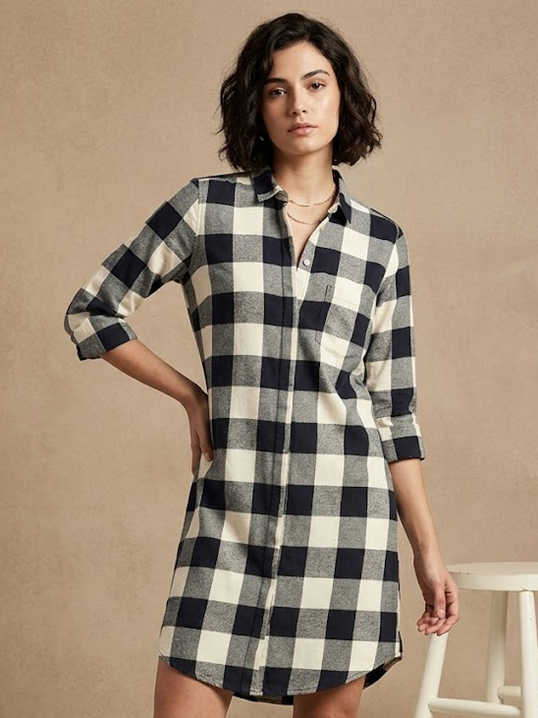 Hancock Women Black & Grey Checks Pure Cotton Regular Fit Formal Dress