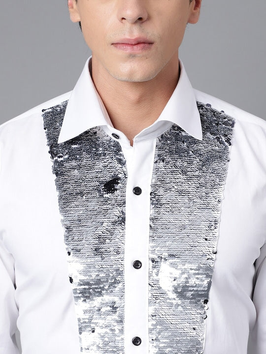 Men White Solid Embellished Sequinned Pure Cotton Slim Fit Party Shirt