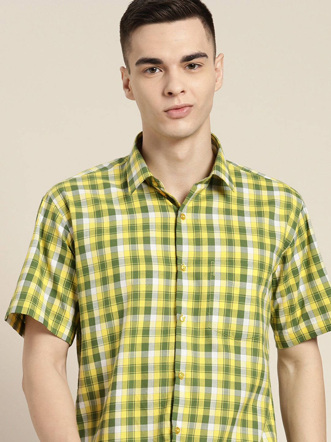 Hancock Men Yellow & Green Checks Pure Cotton Slim fit Casual Shirt