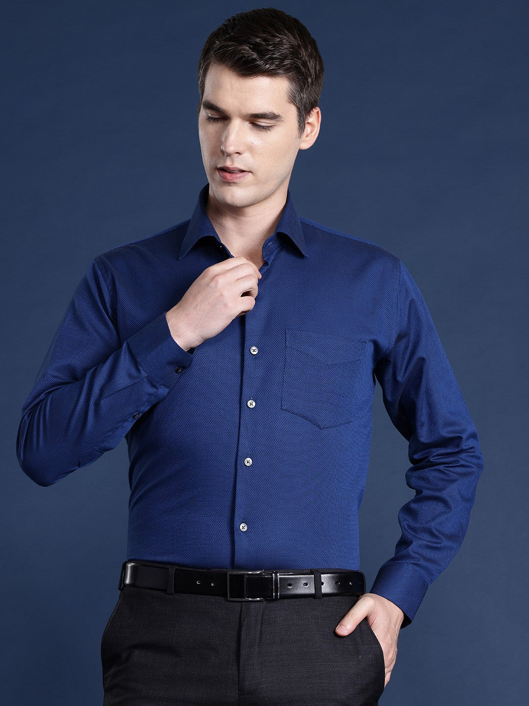 Navy Blue Official Shirt Men Navy Blue Solid Pure Cotton Slim Fit