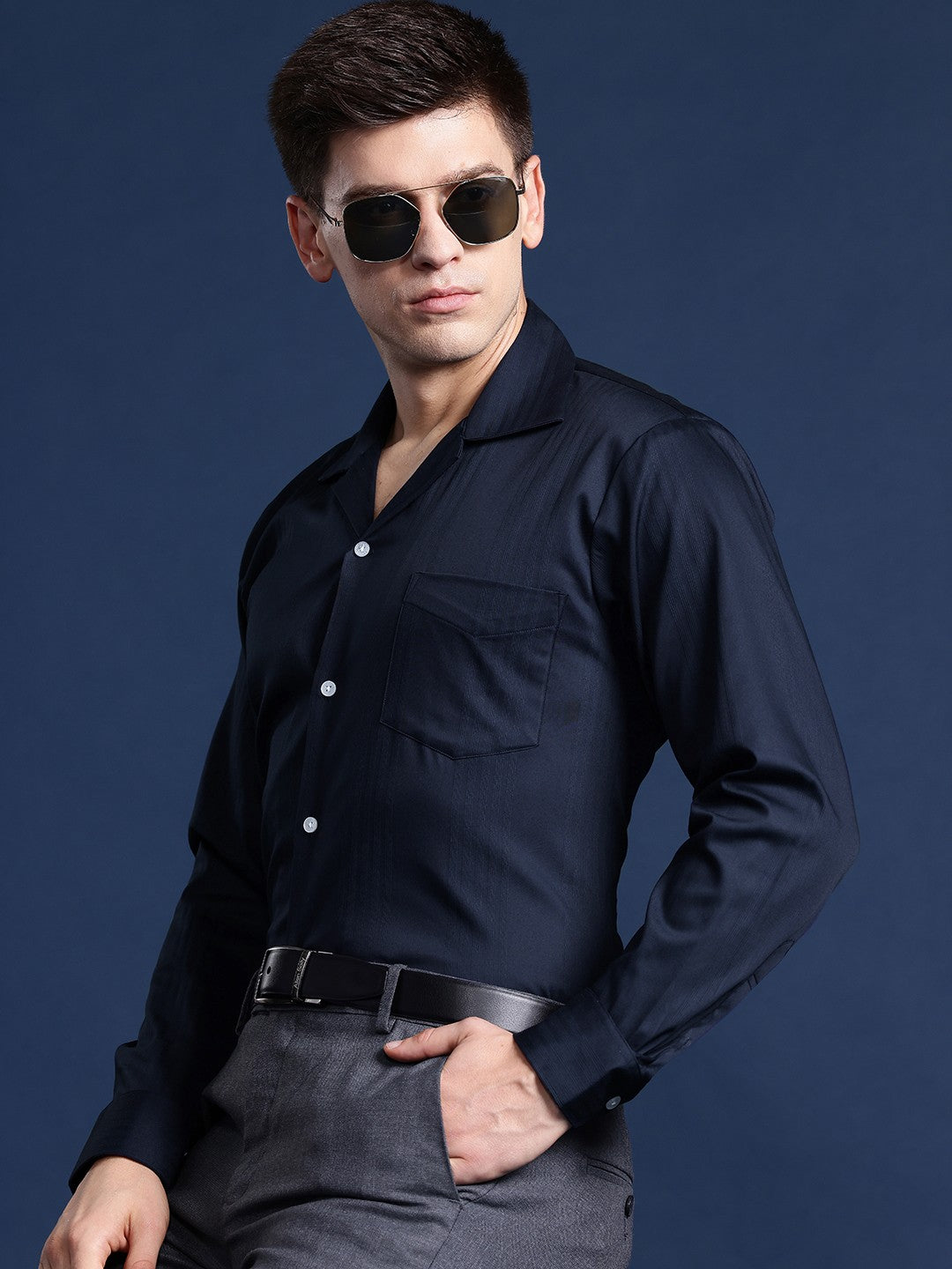 Hancock Men Navy blue Solid Cotton elastane Relaxed Fit Formal Shirt Hancock Men Navy blue Solid Cotton elastane Relaxed Fit Formal Shirt