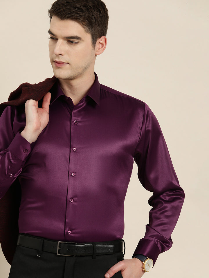 Men Burgundy Solid Satin Tuxedo Slim fit Party Shirt