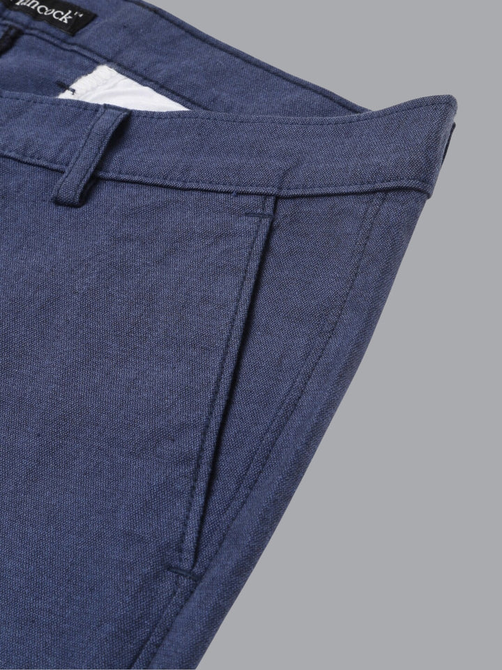 Men Navy Blue Solid Pure Cotton Slim Fit Formal Trouser