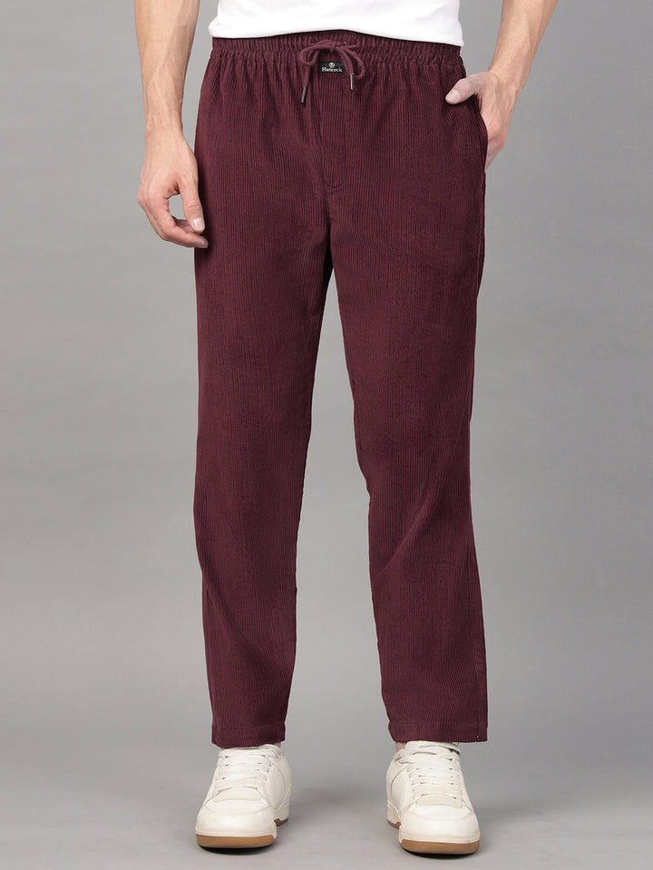 Hancock Men Burgundy Solid Pure Cotton Relaxed Fit Party Trouser