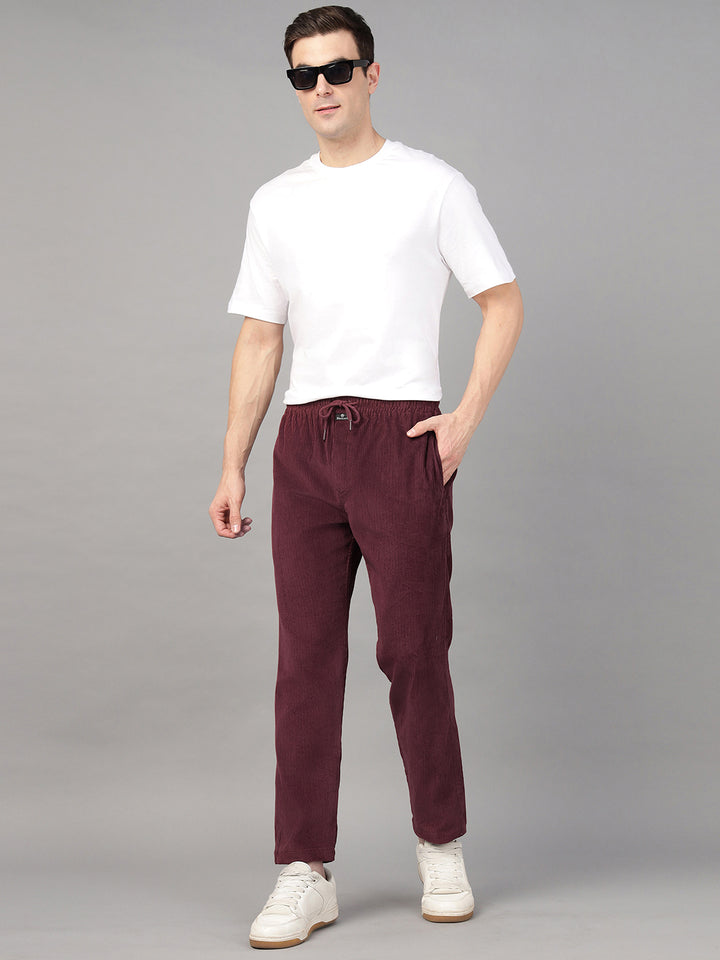 Hancock Men Burgundy Solid Pure Cotton Relaxed Fit Party Trouser