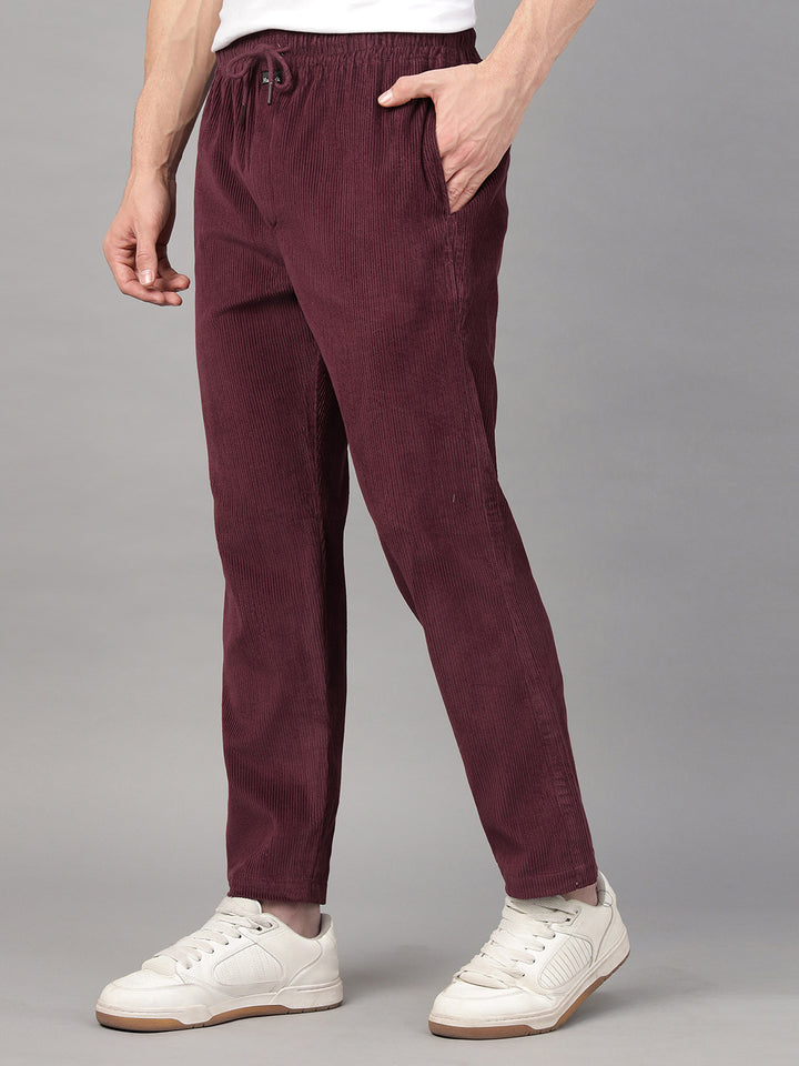 Hancock Men Burgundy Solid Pure Cotton Relaxed Fit Party Trouser