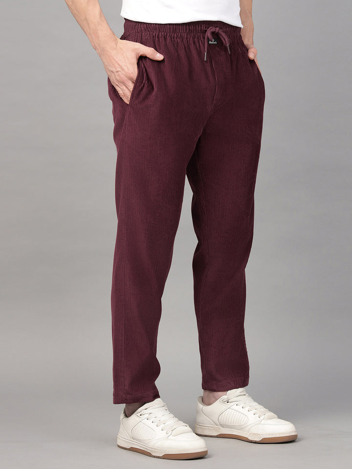 Hancock Men Burgundy Solid Pure Cotton Relaxed Fit Party Trouser