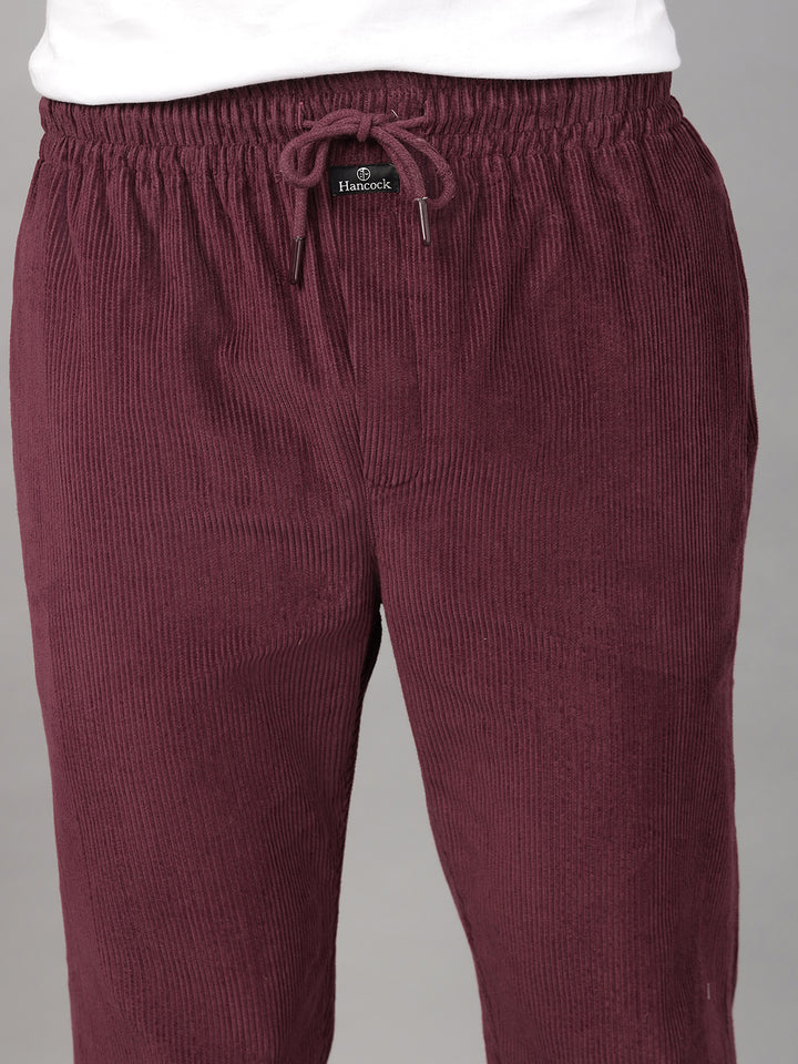 Hancock Men Burgundy Solid Pure Cotton Relaxed Fit Party Trouser