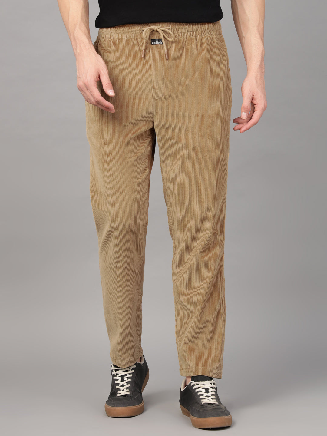 Hancock Men Khaki Solid Pure Cotton Relaxed Fit Party Trouser