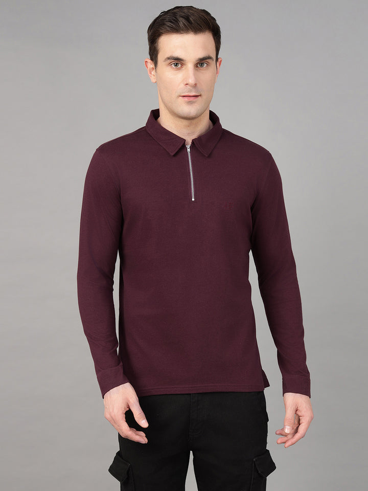 Hancock Men Burgundy Solid Pure Cotton Slim Fit Formal Tshirt