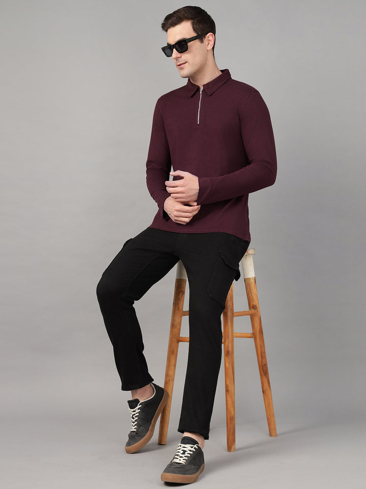 Hancock Men Burgundy Solid Pure Cotton Slim Fit Formal Tshirt