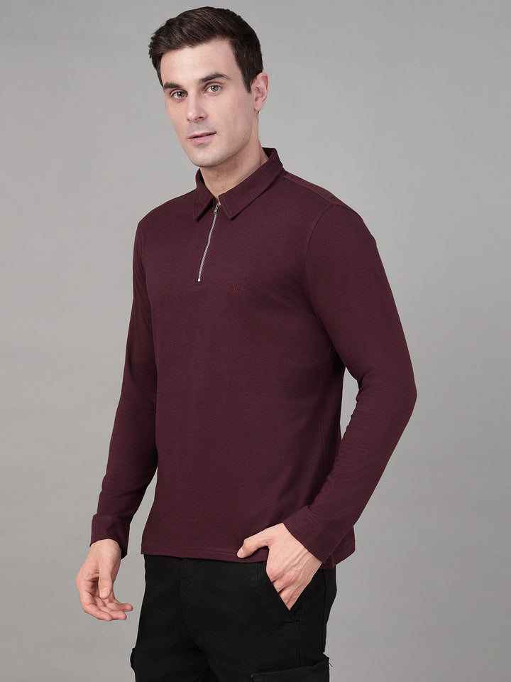 Hancock Men Burgundy Solid Pure Cotton Slim Fit Formal Tshirt