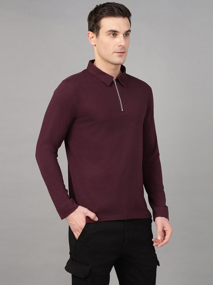 Hancock Men Burgundy Solid Pure Cotton Slim Fit Formal Tshirt
