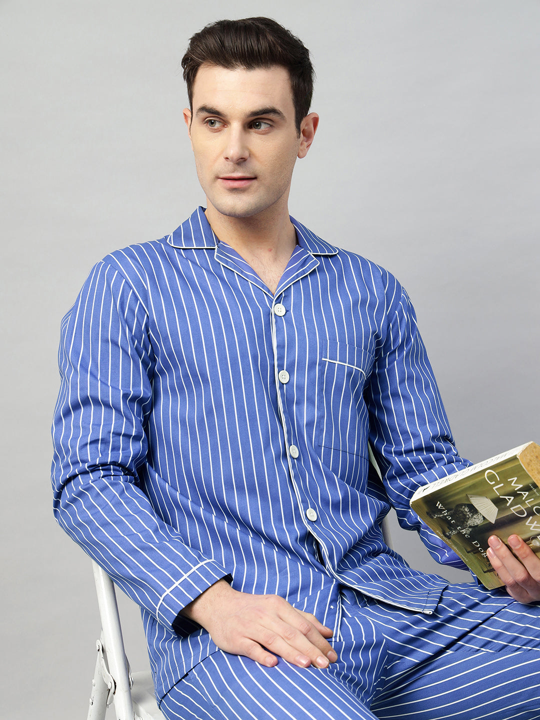 Hancock Men Blue White Stripe Pure Cotton Relaxed Fit Night Wear Night  Suit