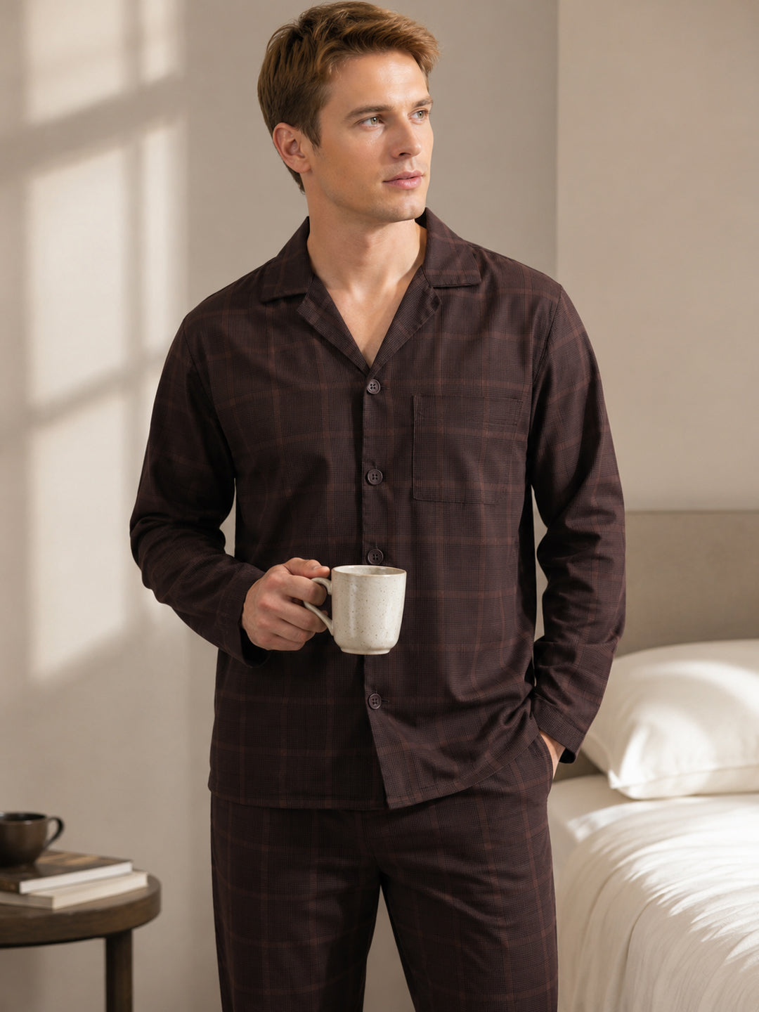 Gents Night Dress Hancock Men Brown Checks Pure Cotton Relaxed Fit Night Wear Night Suit