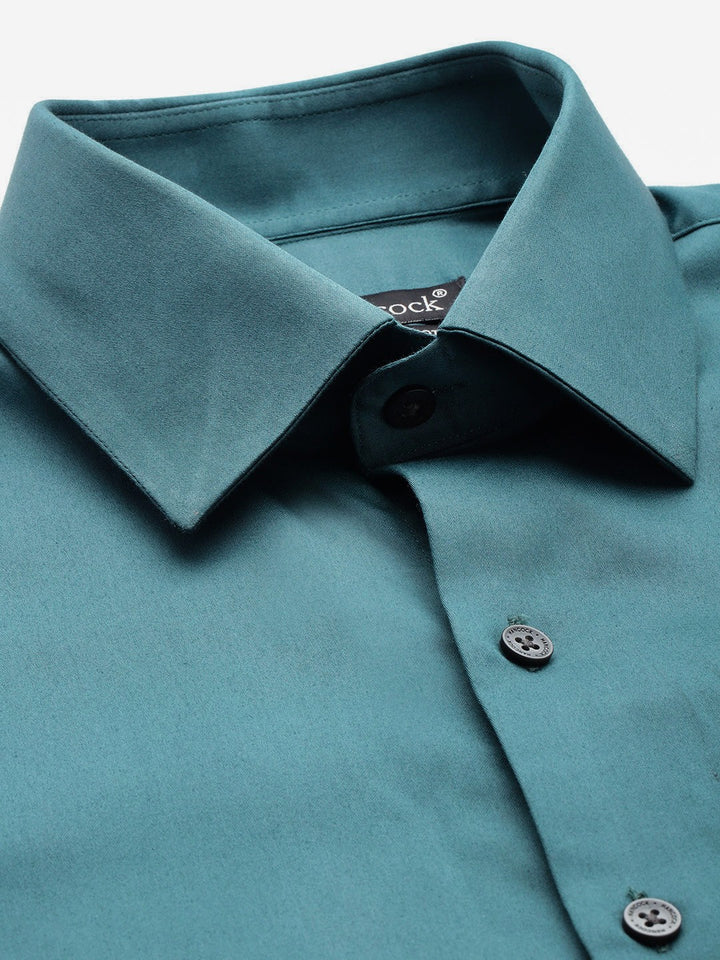 Men Turquoise Solid Cotton Elastane Blend Slim Fit Formal Shirt