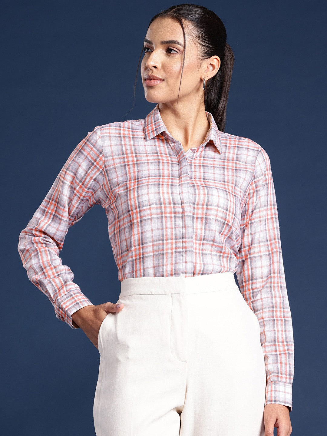 Women White Checks Linen Blend Formal Shirt
