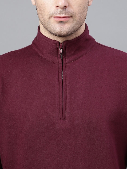 Men Burgundy Solid Half Zipper Long Sleeves Fleece Sweatshirt