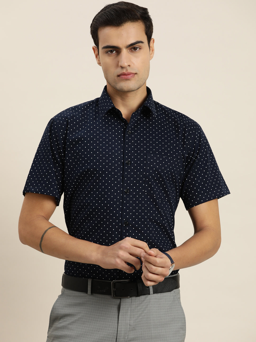 Men Navy White Print Pure Cotton Slim fit Party Shirt
