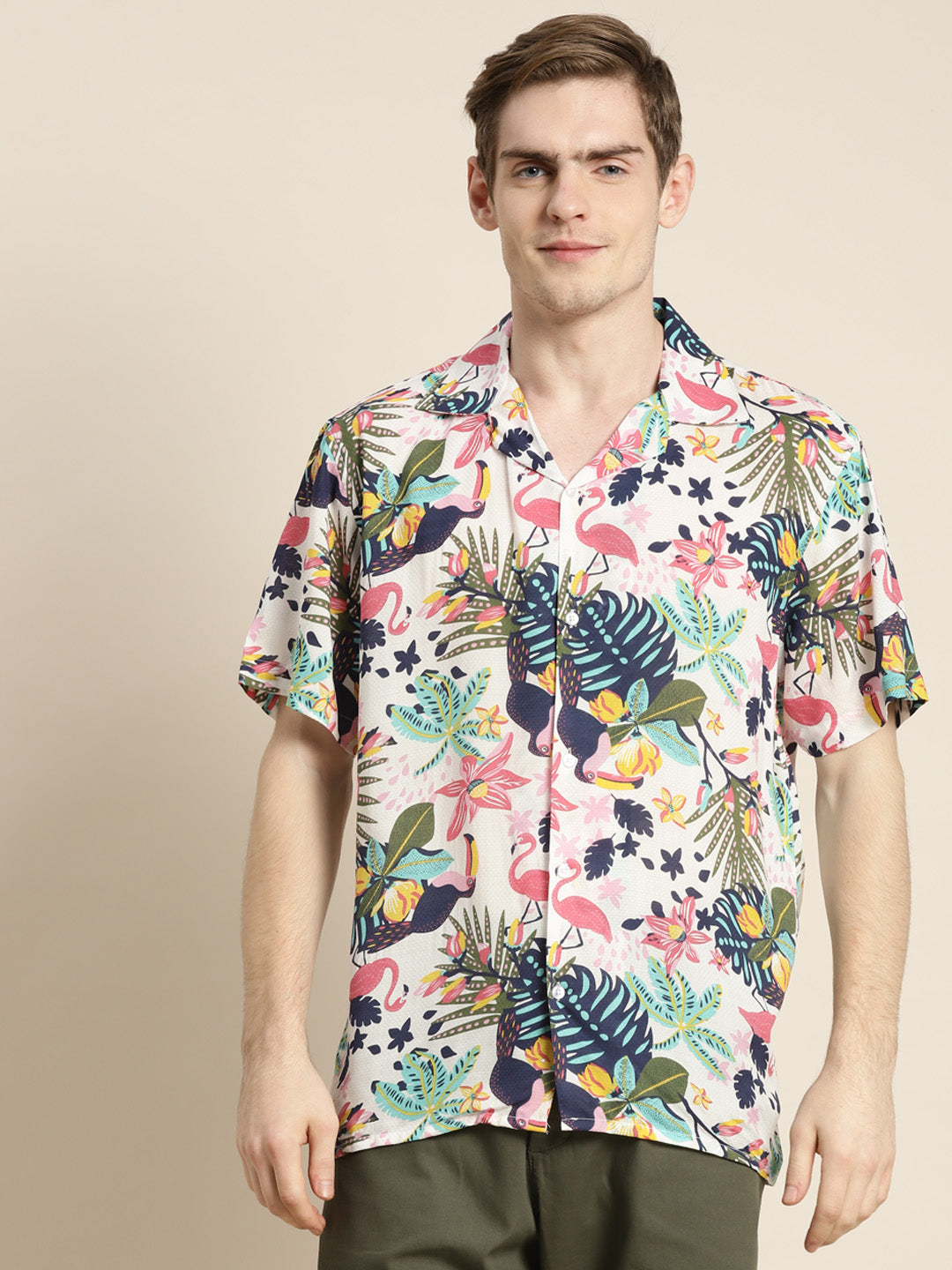 Hancock Men White & Multi Print Viscose Rayon Relaxed Fit Casual Resort  Shirt