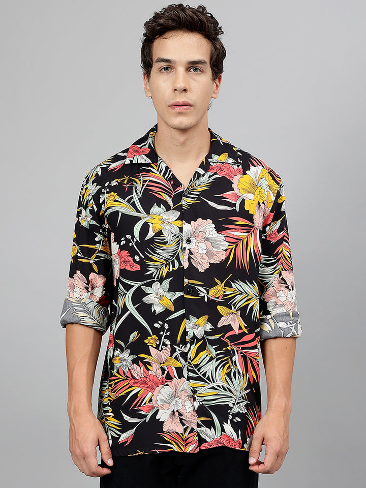 Men Black & Yellow Floral Printed Viscose Rayon Relaxed Fit Casual Resort Shirt