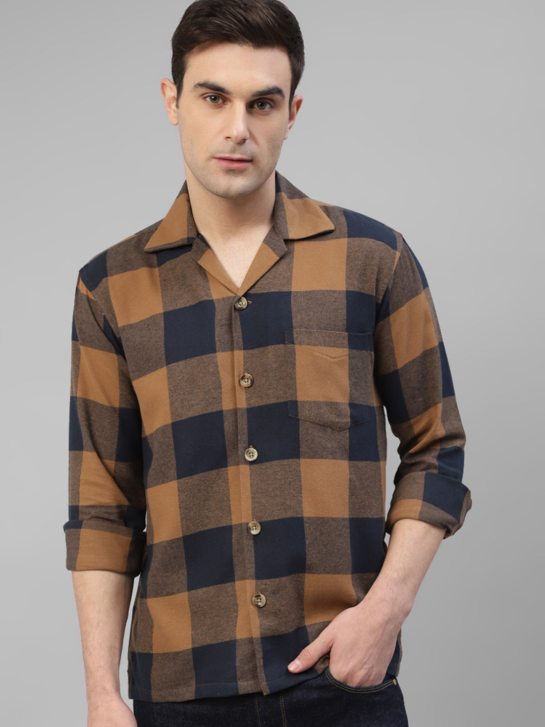 Men Mustard Navy Blue Plaided Flannel Checked Pure Cotton Regular