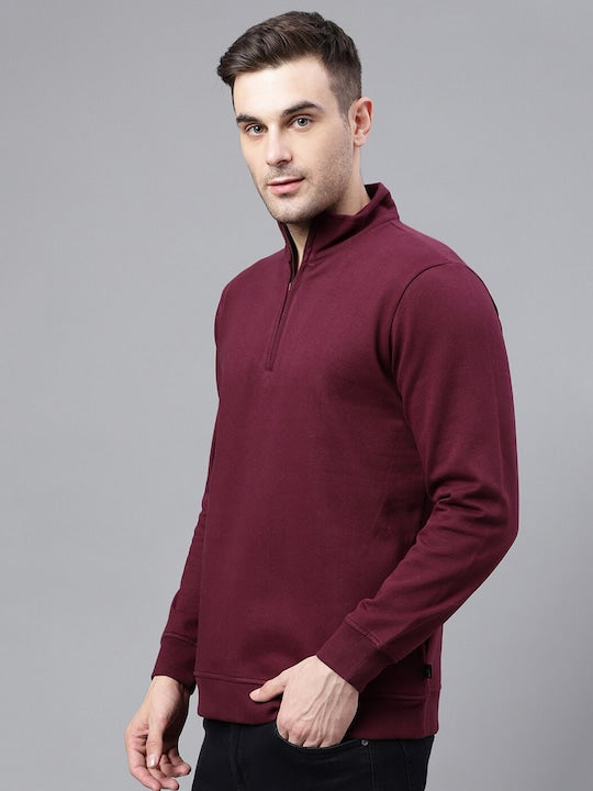 Men Burgundy Solid Half Zipper Long Sleeves Fleece Sweatshirt