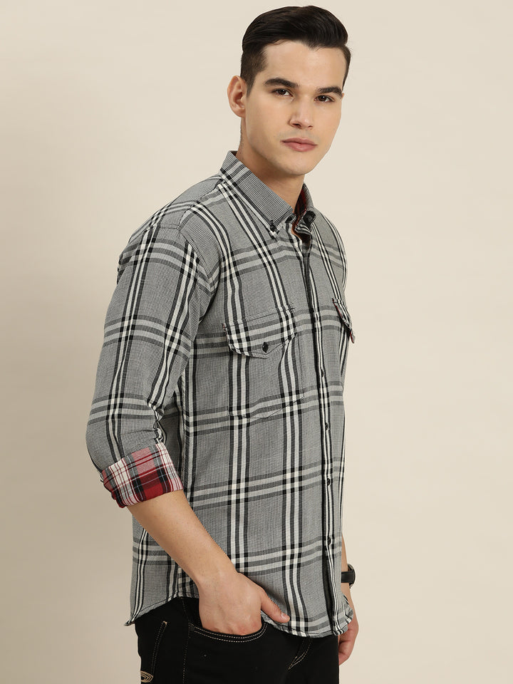 Men Black & White Checks Pure Cotton Slim fit Casual Shirt