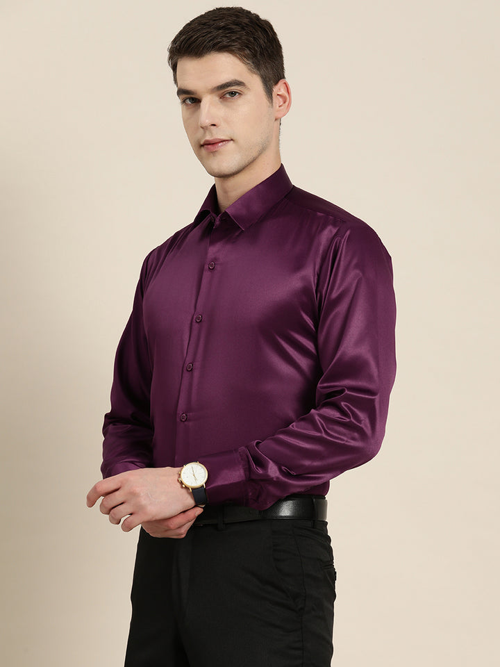 Men Burgundy Solid Satin Tuxedo Slim fit Party Shirt